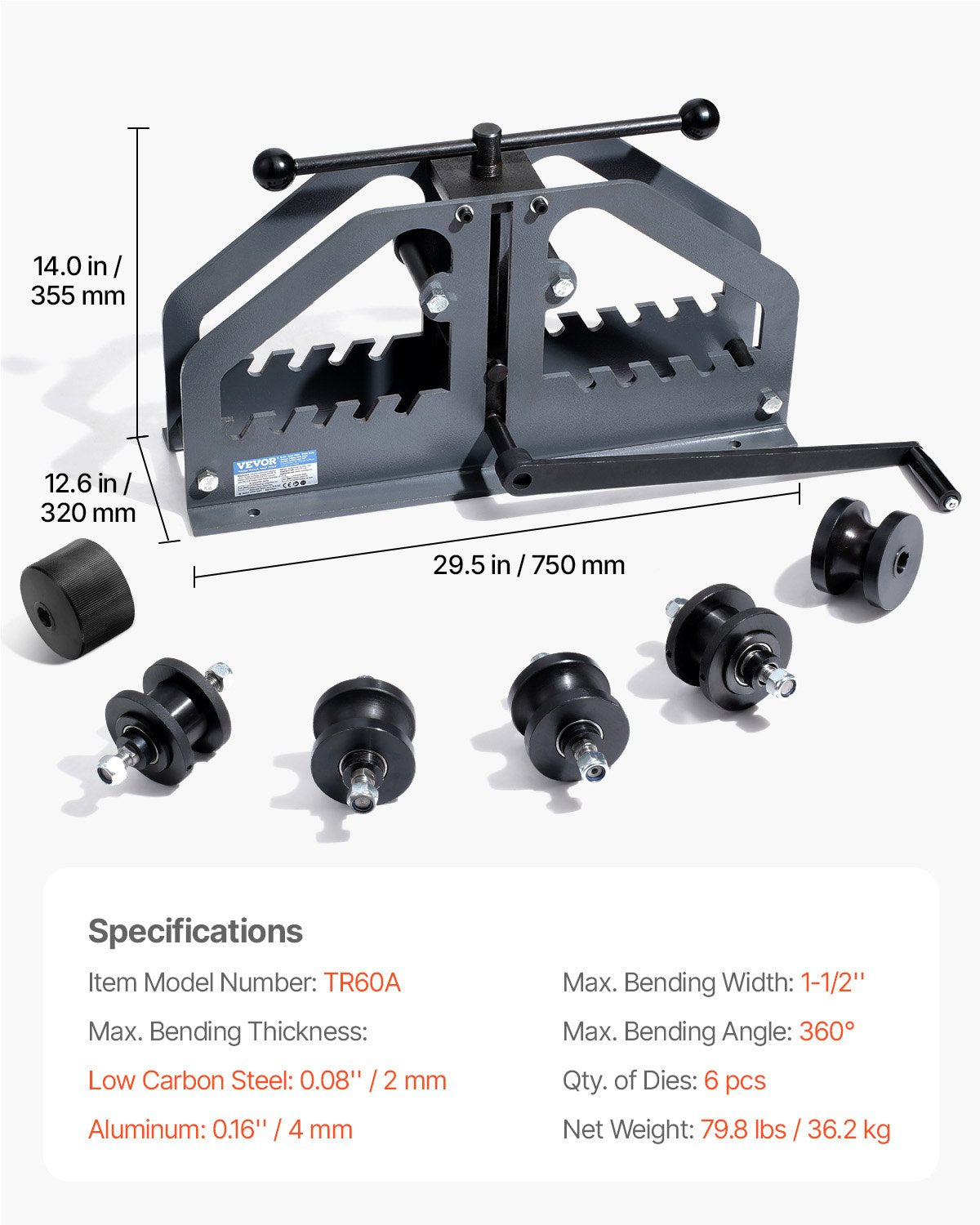 Tube Roller Bender, Max 1-1/2" Manual Tube Pipe Roller Bender with 6 Dies, 360° Copper Aluminum Pipe Bending Tool for Square, Round Tube & Flat Bar, Ideal for HVAC Air Conditioning Auto Repair