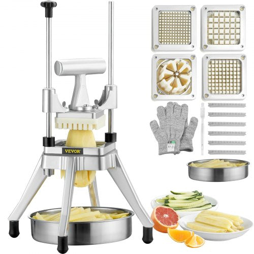 Commercial Vegetable Fruit Chopper, Stainless Steel French Fry Cutter with 4 Blades 1/4" 3/8" 1/2", 6-wedge Slicer, Chopper Dicer with Tray, Heavy Duty Cutter for Potato Tomato Onion Mushroom