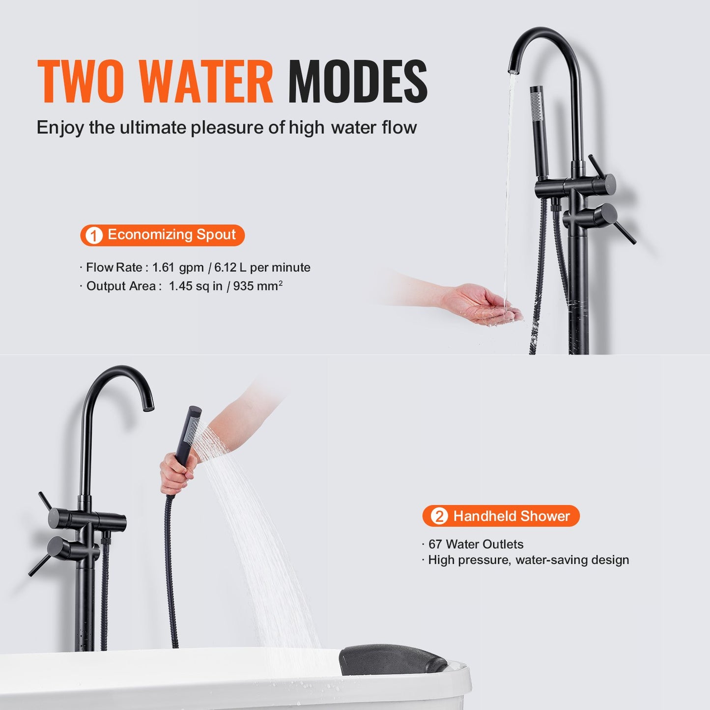Freestanding Bathtub Faucet, Floor Mount, Freestanding Tub Filler, Shower Mixer Taps, Two Water Modes, 360° Swivel Spout, for Bathing & Showering Pet Bathing Cleaning Drains Toilet Flushing