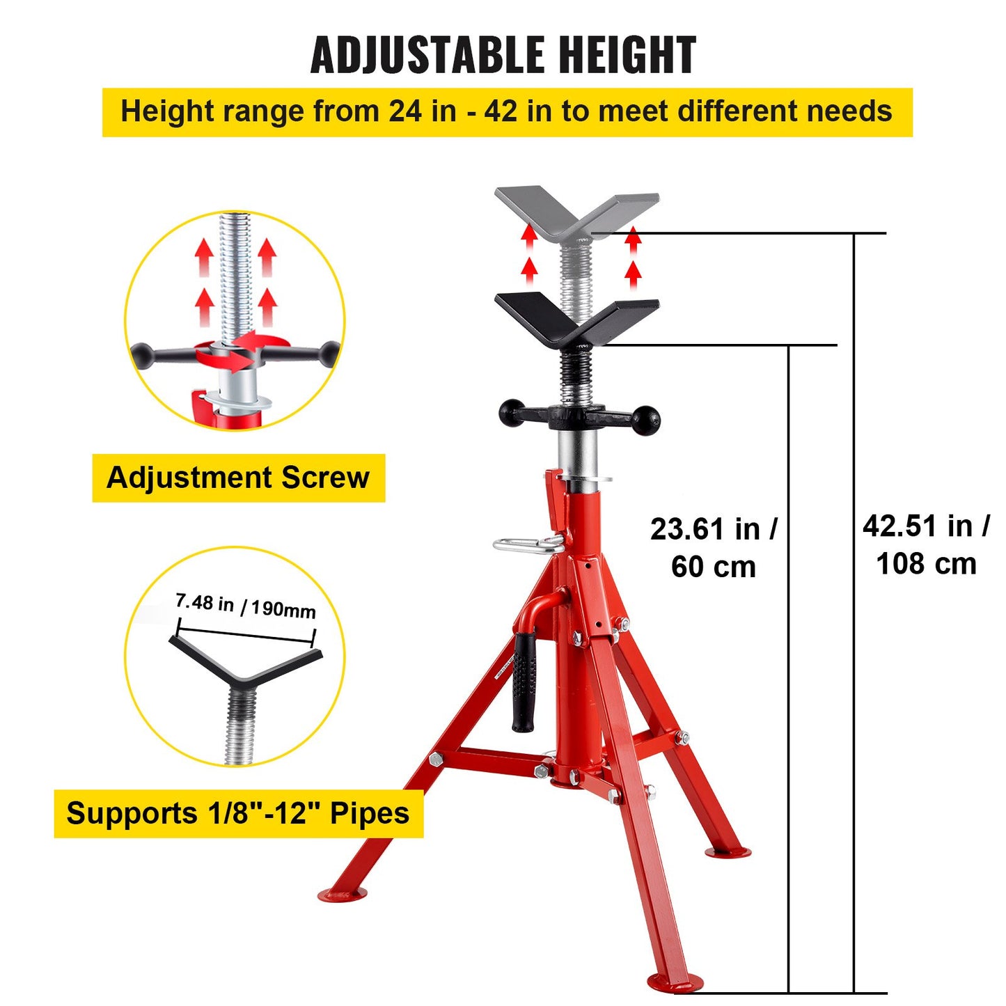V Head Pipe Stand 1/8"-12" Capacity, Adjustable Height 610mm-1067mm, Pipe Jack Stands 1134kg Load Capacity, Portable Folding Pipe Stands, Carbon Steel Body for Enhanced Durability