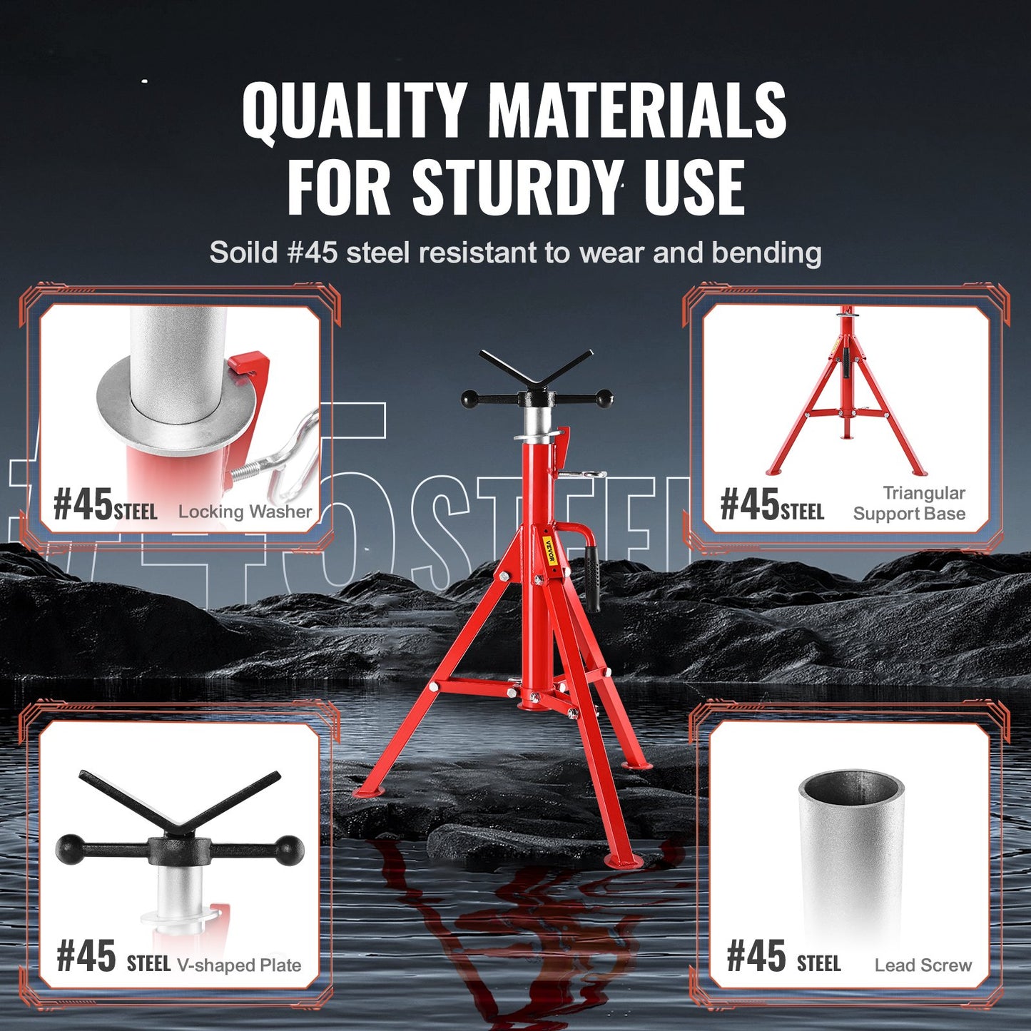 V Head Pipe Stand Adjustable Height 71.1–132.1 cm 2500lbs Pipe Jack Stands Folding Portable High Folding Pipe Stand with V Head Fold A Trailer Jacks