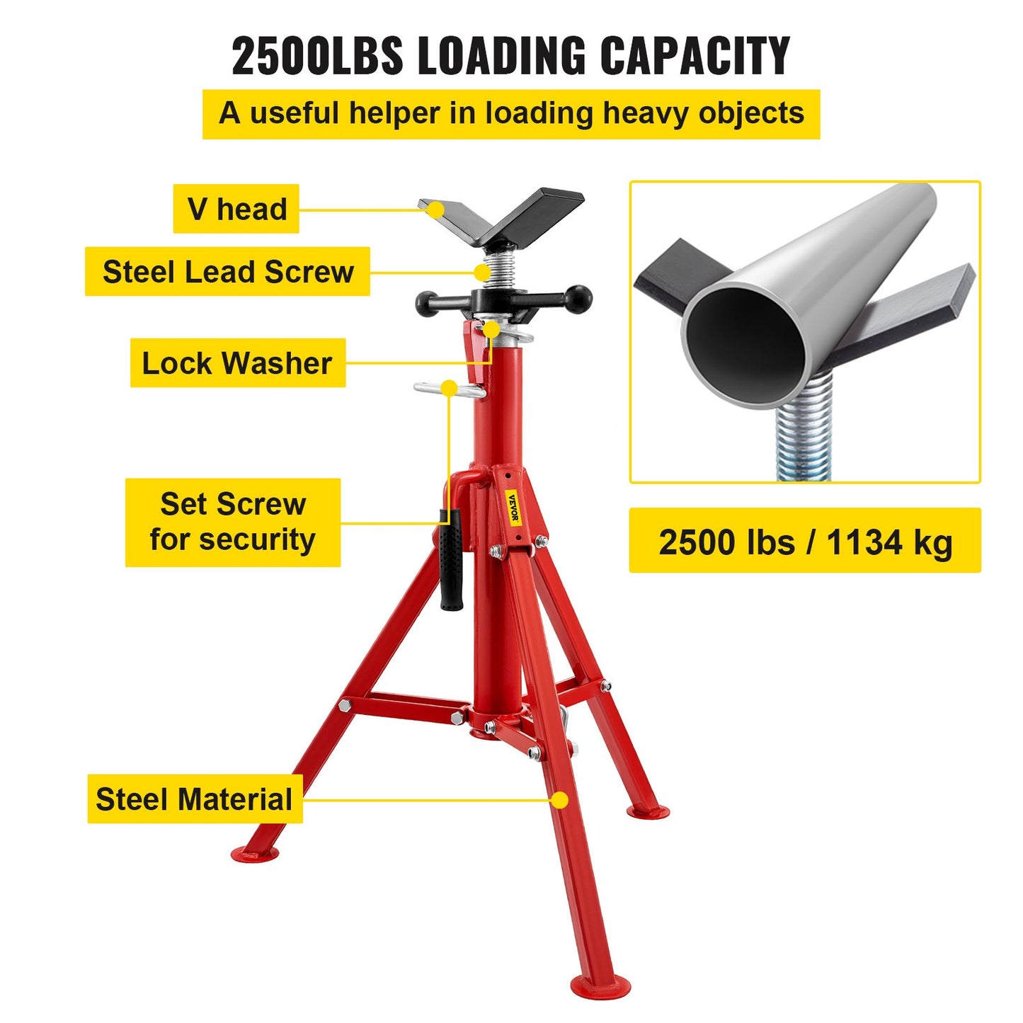 V Head Pipe Stand 0.3-30.5 cm Capacity, Adjustable Height 71.1-132.1 cm, Pipe Jack Stands 1133.9 kg Load Capacity, Portable Folding Pipe Stands, Carbon Steel Body More Durable