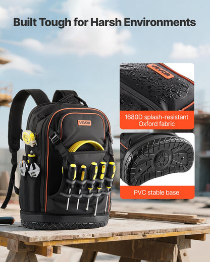 Tool Backpack with Tools, 65 Pockets, Heavy-duty Tools Storage Organizer Bags with Laptop Compartment & Molded Base, Electrician Jobsite Backpack for Electrician, Repairman, and HVAC Techs