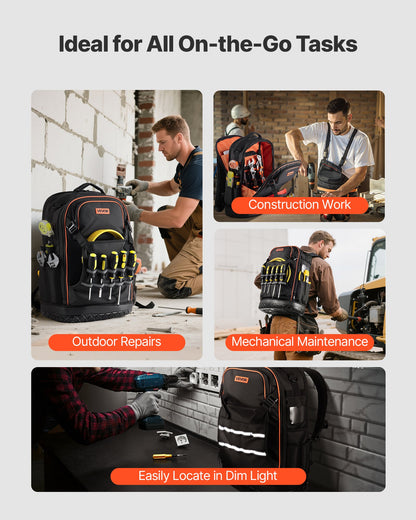 Tool Backpack with Tools, 65 Pockets, Heavy-duty Tools Storage Organizer Bags with Laptop Compartment & Molded Base, Electrician Jobsite Backpack for Electrician, Repairman, and HVAC Techs