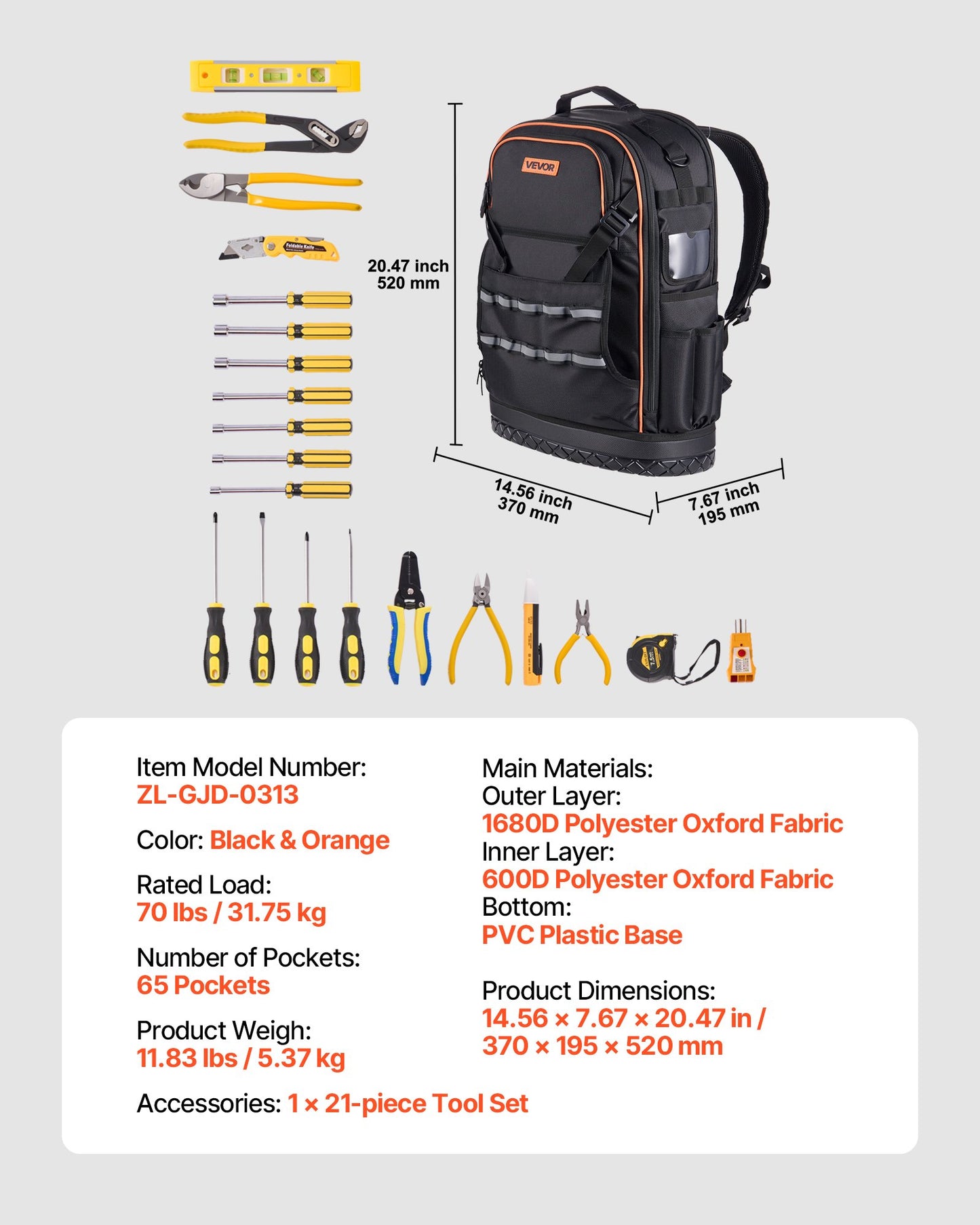 Tool Backpack with Tools, 65 Pockets, Heavy-duty Tools Storage Organizer Bags with Laptop Compartment & Molded Base, Electrician Jobsite Backpack for Electrician, Repairman, and HVAC Techs