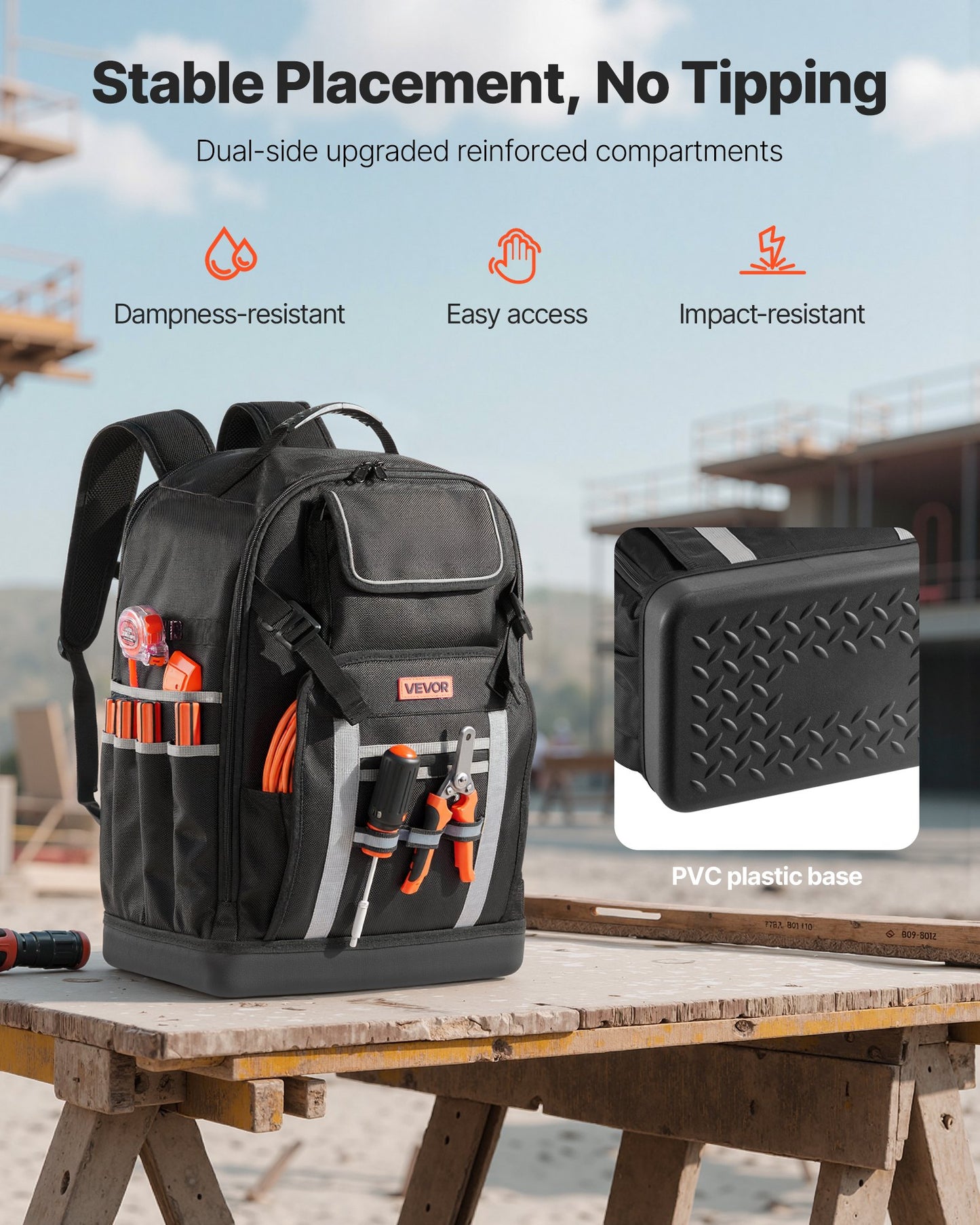 Verktygsryggsäck, 56 fickor, kraftiga verktygsförvaringsväskor med gjuten bas, elektrikerarbetsplatsryggsäck för byggarbetsplatser, elektriker, industri, reparatörer och VVS-tekniker