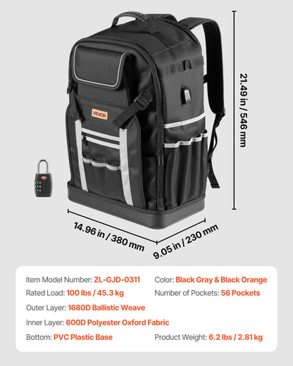 Verktygsryggsäck, 56 fickor, kraftiga verktygsförvaringsväskor med gjuten bas, elektrikerarbetsplatsryggsäck för byggarbetsplatser, elektriker, industri, reparatörer och VVS-tekniker