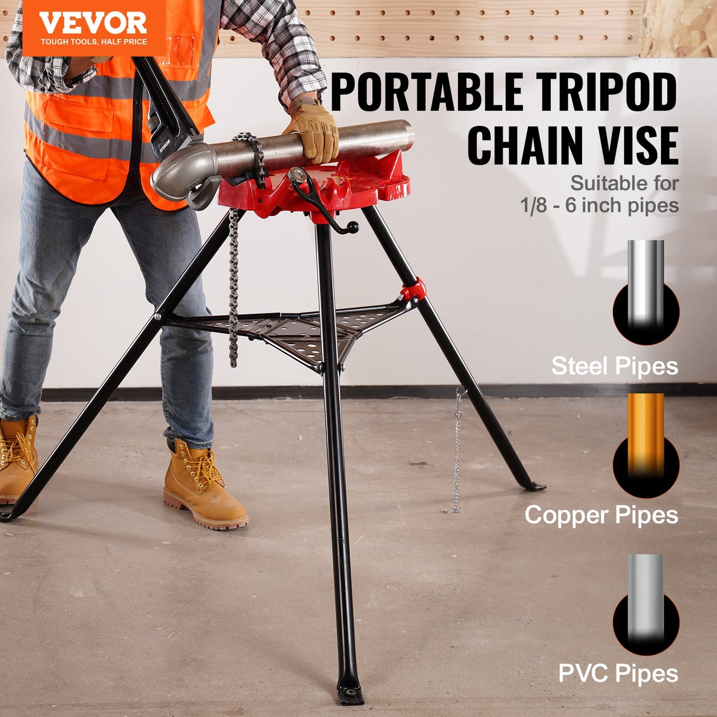 Chain Vise with Tripod Stand | 3.2 to 152 mm Pipe Capacity | 600 kg Loading Capacity | Portable Stand with Folding Legs and Tool Tray | Ideal for Plumbing and Pipe Work