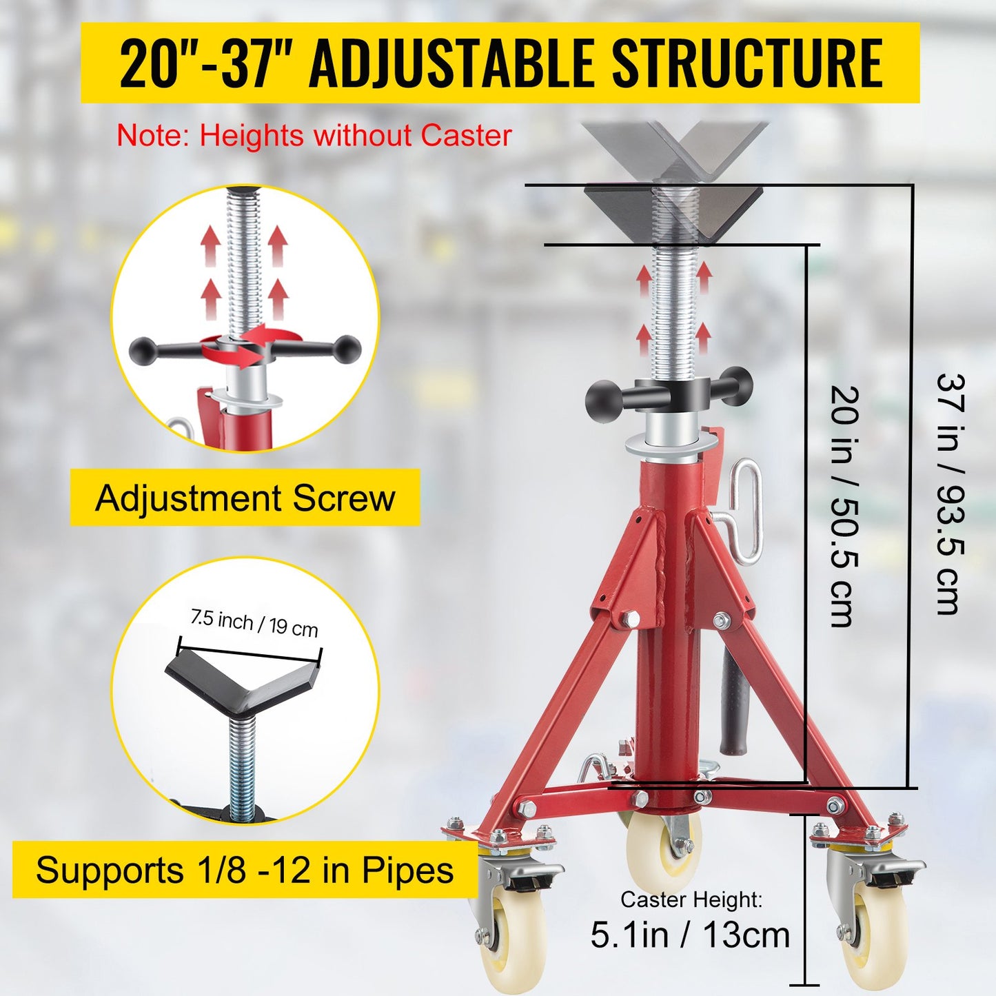 Pipe Stand, Pipe Jack Stand, V Head Pipe Stand Adjustable Height 20-37 Inch, Pipe Jack Stands with Casters 882 LB, Folding Portable Pipe Stands 1/8 to 12 Inch Pipe Supporting, Steel Jack Stand