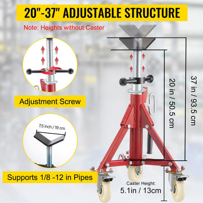 Pipe Stand, Pipe Jack Stand, V Head Pipe Stand Adjustable Height 20-37 Inch, Pipe Jack Stands with Casters 882 LB, Folding Portable Pipe Stands 1/8 to 12 Inch Pipe Supporting, Steel Jack Stand