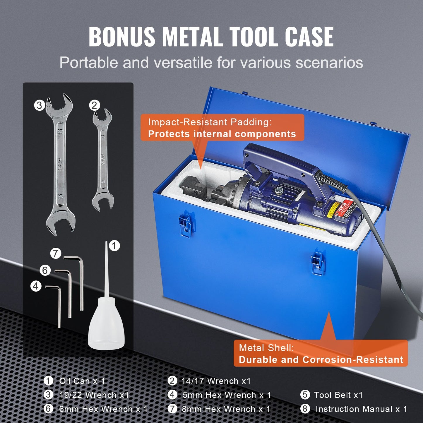 Electric Hydraulic Rebar Cutter, 1350W Portable Rebar Cutter, Cutting up to 7/8 Inch #7 (4-22mm) Rebar within 3.5 Seconds, High Power Steel Rebar Cutter w/ Tool Case Oil Can,Black Blue RC-22