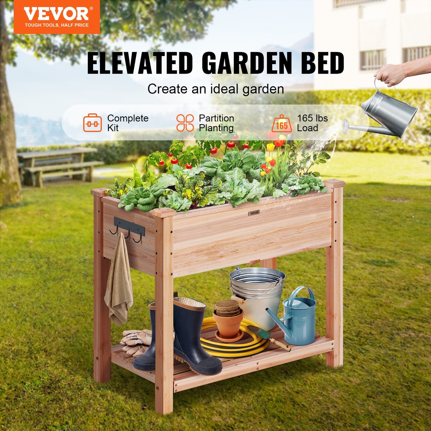 Raised Garden Bed, 33.9 x 18.1 x 30 inch Wooden Planter Box, Elevated Outdoor Planting Boxes with Legs, for Growing Flowers/Vegetables/Herbs in Backyard/Garden/Patio/Balcony, Burlywood