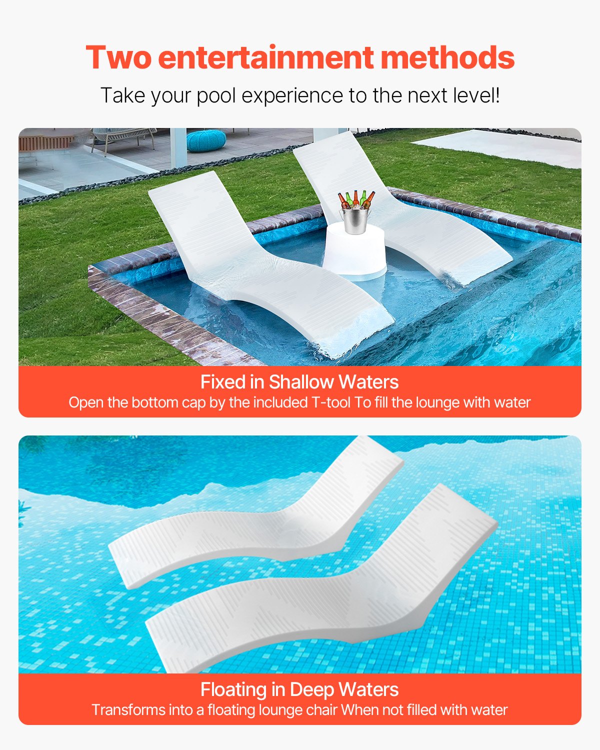 In-Pool Lounge Chairs, Set of 2 Chaise Lounger, Inside Pool Lounge Chairs for up to 5" Water Depths, Fixed in Pools & Floating on Water, Suitable for All Pool Types, Poolside & Sun Deck Tanning