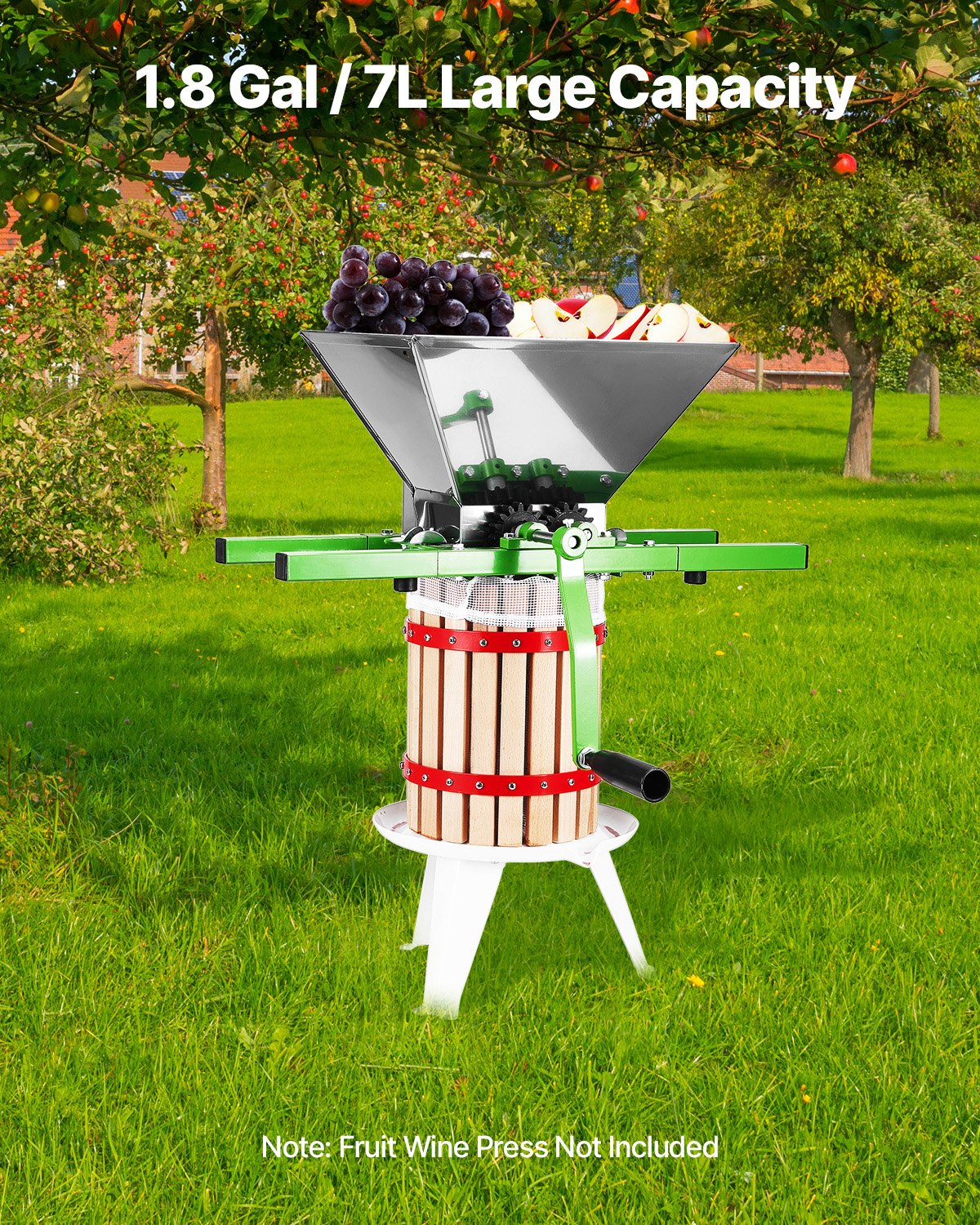 1.8 Gal/7L Fruit and Apple Crusher, Large Manual Grinder, Stainless Steel Fruit Scratter Pulper for Wine Cider Apple Grape Pressing, with Roller Handle for Kitchen Home, Green