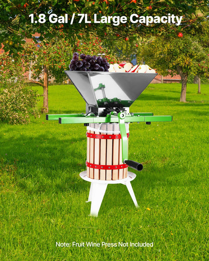 1.8 Gal/7L Fruit and Apple Crusher, Large Manual Grinder, Stainless Steel Fruit Scratter Pulper for Wine Cider Apple Grape Pressing, with Roller Handle for Kitchen Home, Green