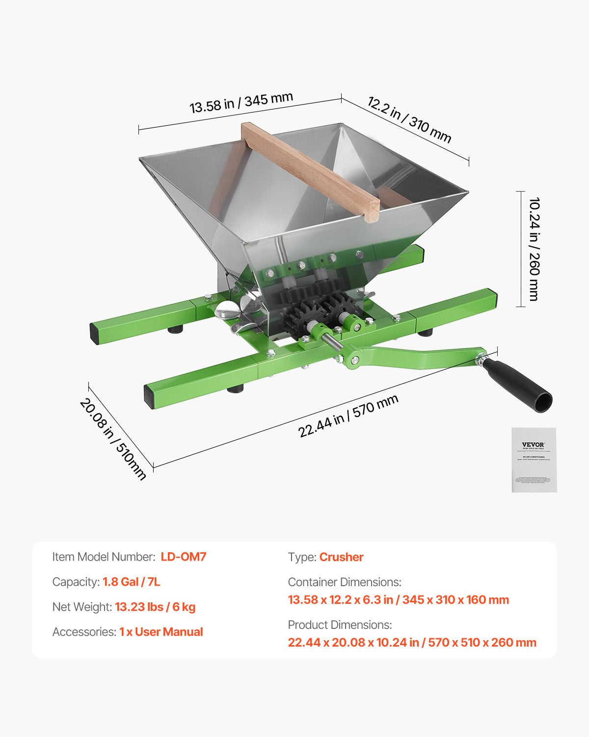 1.8 Gal/7L Fruit and Apple Crusher, Large Manual Grinder, Stainless Steel Fruit Scratter Pulper for Wine Cider Apple Grape Pressing, with Roller Handle for Kitchen Home, Green