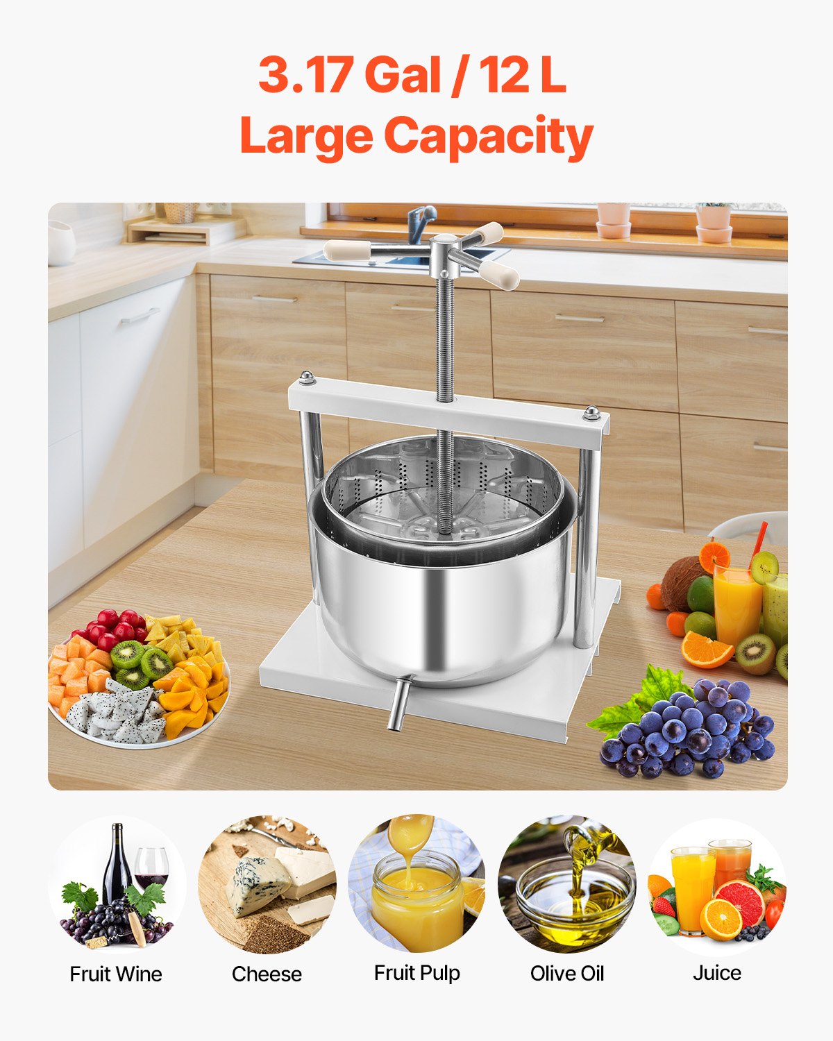 3.17 Gal/12L Fruit Wine Press, 2 Stainless Steel Barrels, Manual Juice Maker, Cider Apple Grape Tincture Honey Olive Oil Making Press with Triangular Handle for Outdoor Kitchen Home