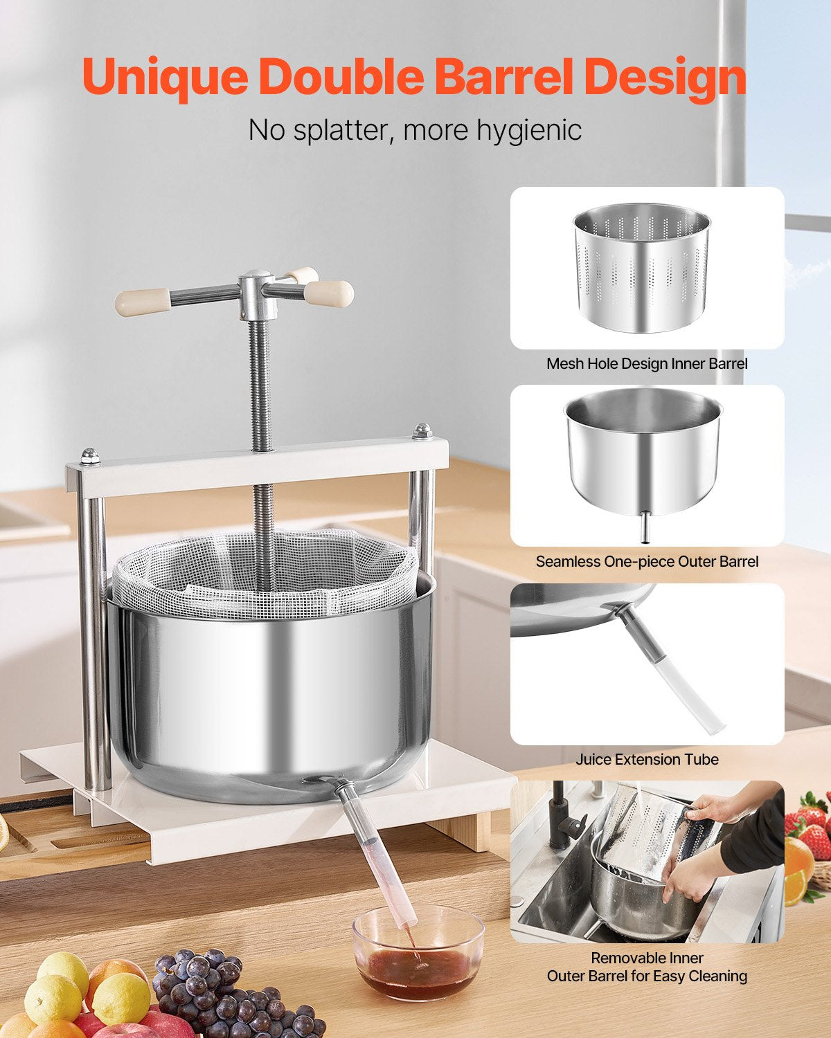 3.17 Gal/12L Fruit Wine Press, 2 Stainless Steel Barrels, Manual Juice Maker, Cider Apple Grape Tincture Honey Olive Oil Making Press with Triangular Handle for Outdoor Kitchen Home