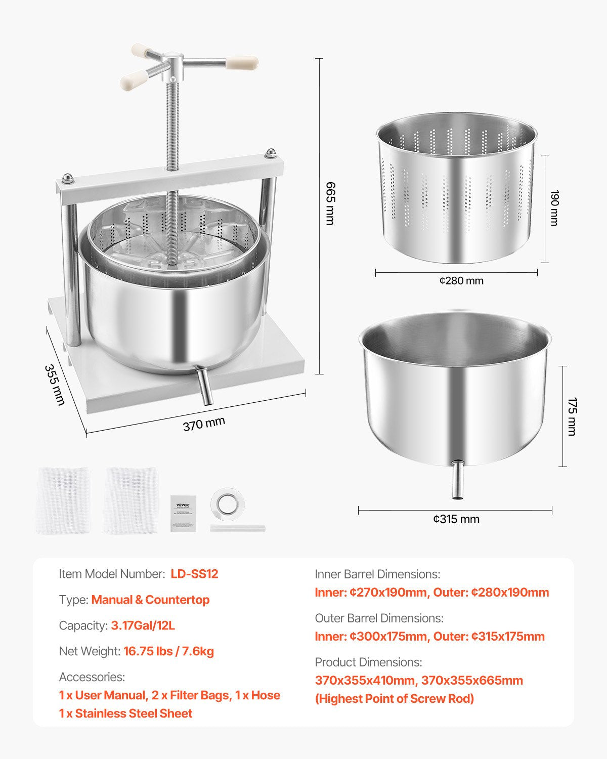 3.17 Gal/12L Fruit Wine Press, 2 Stainless Steel Barrels, Manual Juice Maker, Cider Apple Grape Tincture Honey Olive Oil Making Press with Triangular Handle for Outdoor Kitchen Home