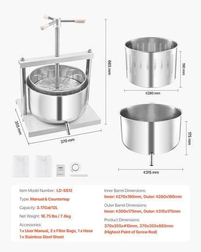 3.17 Gal/12L Fruit Wine Press, 2 Stainless Steel Barrels, Manual Juice Maker, Cider Apple Grape Tincture Honey Olive Oil Making Press with Triangular Handle for Outdoor Kitchen Home