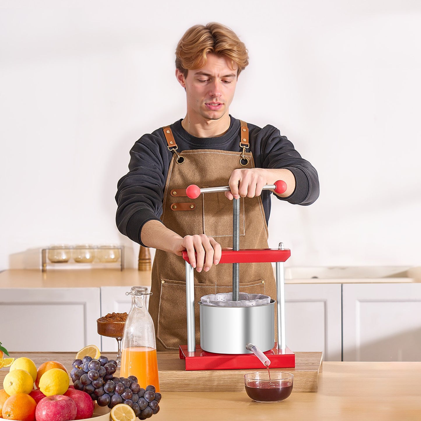 0.8 Gal/3L Fruit Wine Press, 2 Stainless Steel Barrels, Manual Juice Maker, Cider Apple Grape Tincture Honey Olive Oil Making Press with T-Handle for Outdoor Kitchen Home