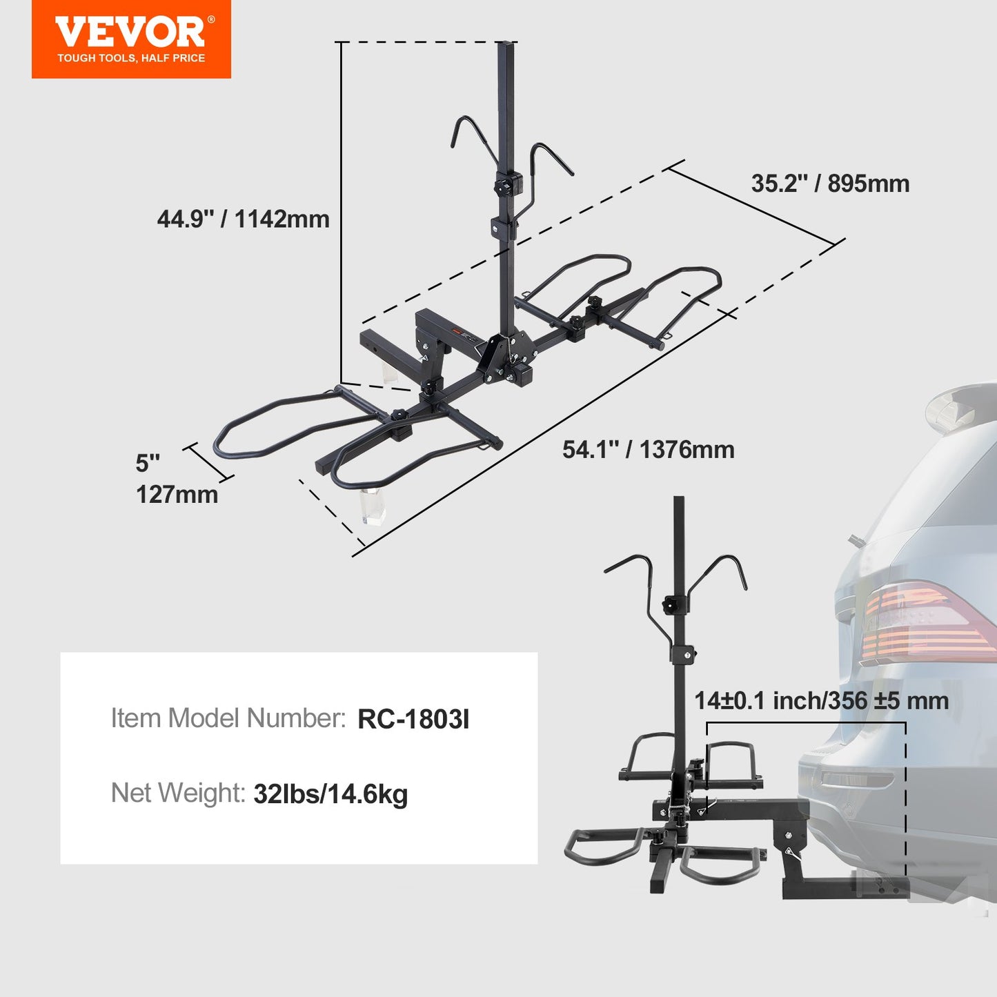 Cykelhållare för dragkrok, plattformsmodell för 2 cyklar, maxkapacitet 70 kg, dragkrok för 5 cm hållare, fällbar cykelhållare med däck upp till 13 cm breda, för bil, SUV, lastbil, husbil