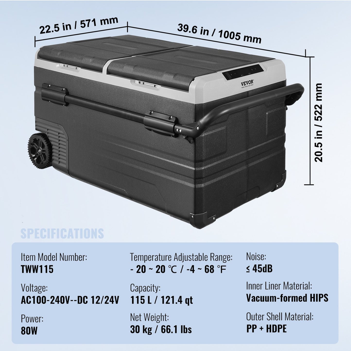 Car Refrigerator, 12 Volt Car Refrigerator Fridge, 115 L Dual Zone Portable Freezer with Wheels and Handle, -4℉-68℉, 12/24V DC and 100-240V AC Compressor Cooler for Outdoor, Camping