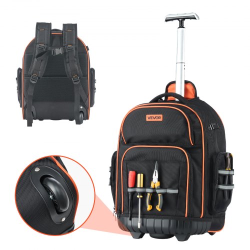 Rolling Tool Backpack, 110 lbs Load Capacity, 45 Pockets Heavy Duty Roller Tool Bag on Wheels, Adjustable Telescoping Handle & Stable Base, Toolbag Organizers for Construction, Mechanic