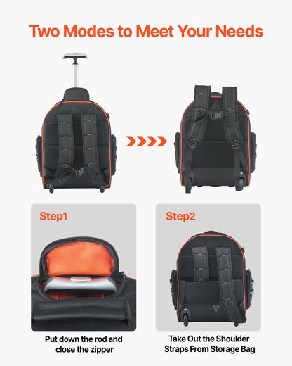 Rolling Tool Backpack, 110 lbs Load Capacity, 45 Pockets Heavy Duty Roller Tool Bag on Wheels, Adjustable Telescoping Handle & Stable Base, Toolbag Organizers for Construction, Mechanic