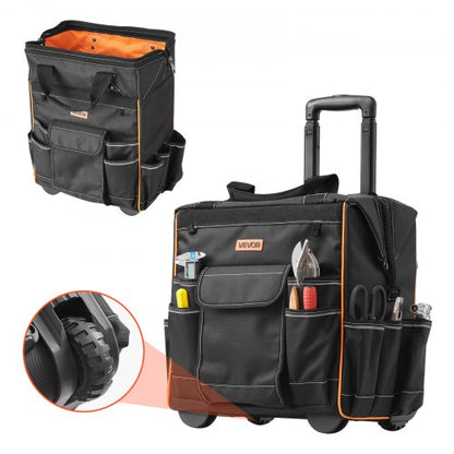 Rolling Tool Bag, 110 lbs Load Capacity, 25 Pockets Heavy Duty Roller Tool Bag on Wheels, Adjustable Telescoping Handle & Stable Base, Toolbag Organizers with Wheels for Construction, Mechanic