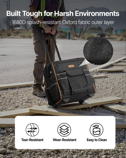 Rolling Tool Bag, 110 lbs Load Capacity, 25 Pockets Heavy Duty Roller Tool Bag on Wheels, Adjustable Telescoping Handle & Stable Base, Toolbag Organizers with Wheels for Construction, Mechanic