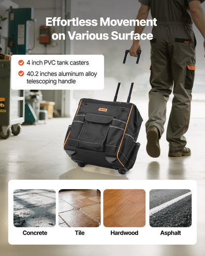 Rolling Tool Bag, 110 lbs Load Capacity, 25 Pockets Heavy Duty Roller Tool Bag on Wheels, Adjustable Telescoping Handle & Stable Base, Toolbag Organizers with Wheels for Construction, Mechanic