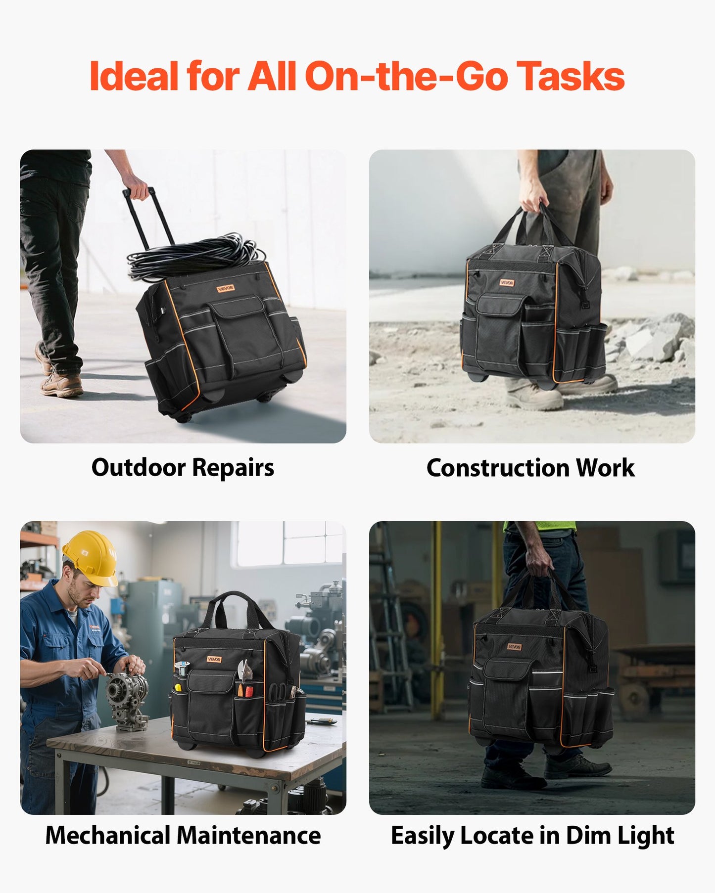 Rolling Tool Bag, 110 lbs Load Capacity, 25 Pockets Heavy Duty Roller Tool Bag on Wheels, Adjustable Telescoping Handle & Stable Base, Toolbag Organizers with Wheels for Construction, Mechanic