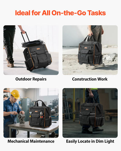 Rolling Tool Bag, 110 lbs Load Capacity, 25 Pockets Heavy Duty Roller Tool Bag on Wheels, Adjustable Telescoping Handle & Stable Base, Toolbag Organizers with Wheels for Construction, Mechanic