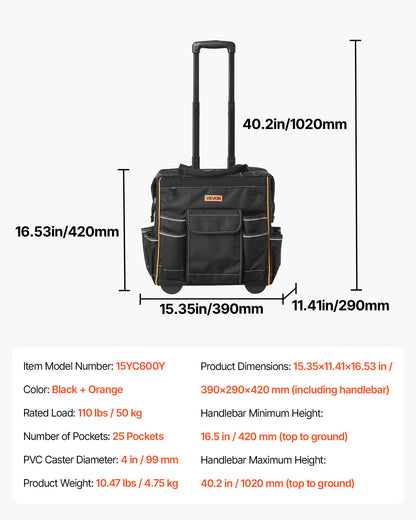 Rolling Tool Bag, 110 lbs Load Capacity, 25 Pockets Heavy Duty Roller Tool Bag on Wheels, Adjustable Telescoping Handle & Stable Base, Toolbag Organizers with Wheels for Construction, Mechanic