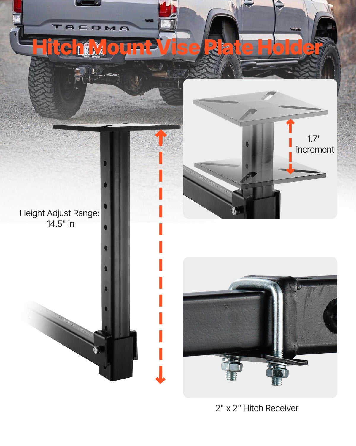 Heavy-Duty Pipe Chain Vise, 1/8" - 5" Pipe Capacity, 26" Rugged Chain & Cast Iron Base, Hitch Mount Vise Plate Holder With Adjustable Height - Fits 2 inch x 2 inch Receiver