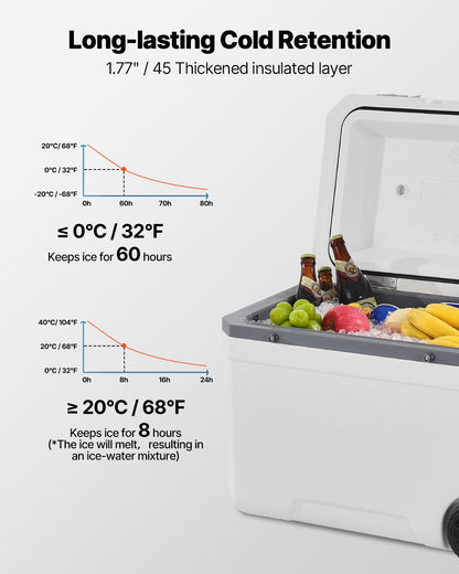 Portable Cooler, 45 QT Wheeled Cooler with Ice Retention, Heavy-Duty Handles and Cup Holder, Lightweight Rigid Material Insulated Portable Cooler, Suitable for Family Picnics and Long Trips
