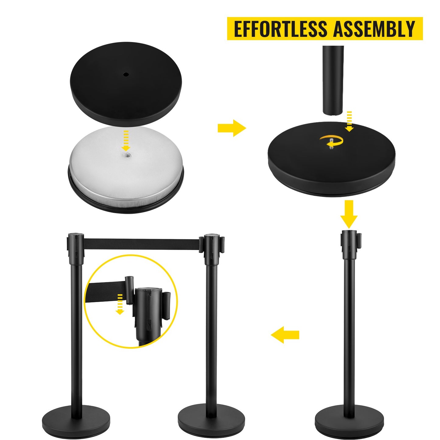 Crowd Control Stanchion, Set of 8 Pieces Stanchion Set, Stanchion Set with 6.6 ft/2 m Black Retractable Belt, Black Crowd Control Barrier with Concrete and Metal Base – Easy Connect Assembly