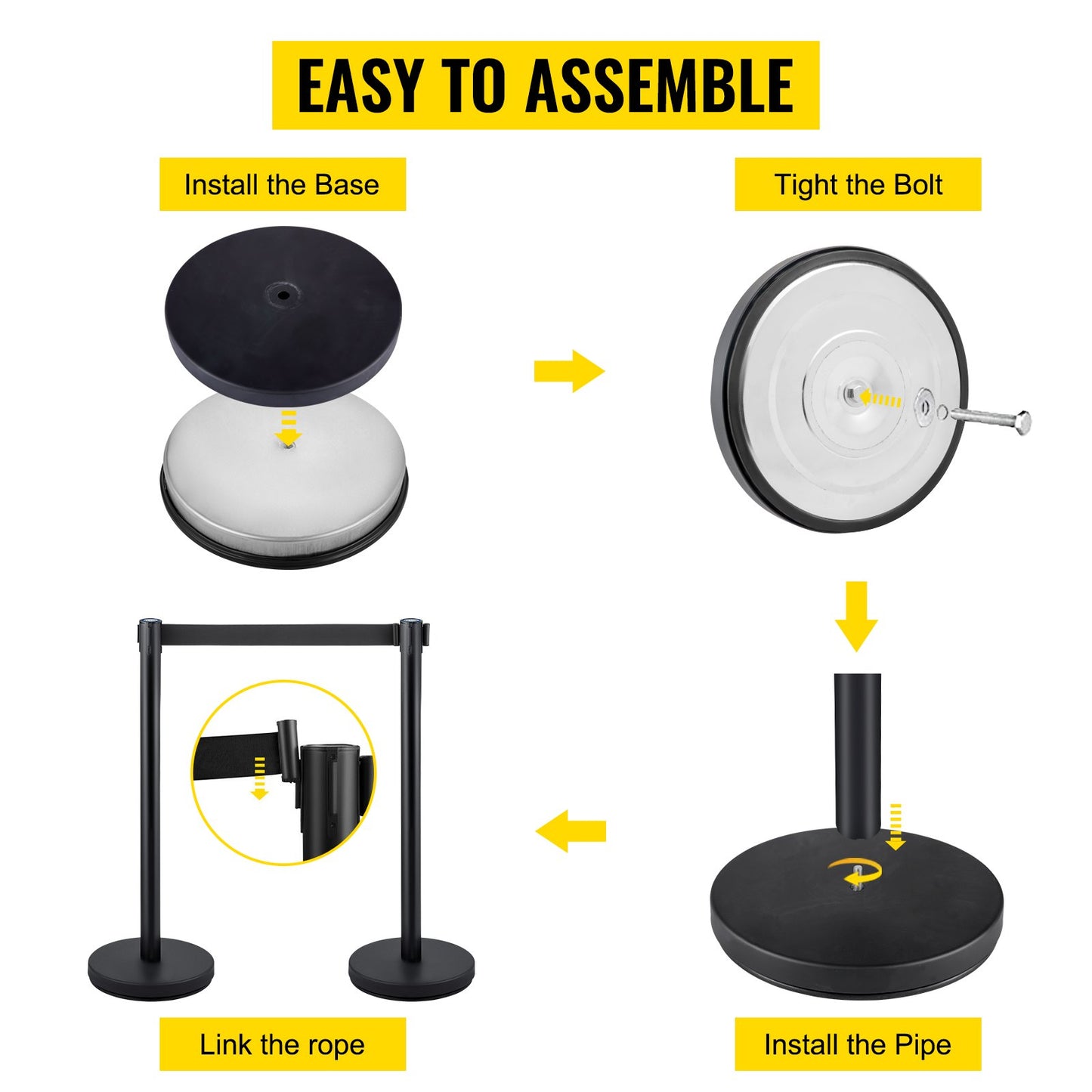 Stolpe för trängselkontroll, set med 4 delar, stolpesats med 2 m svart utdragbart bälte, svart barriär för trängselkontroll med betong- och metallbas – enkel montering