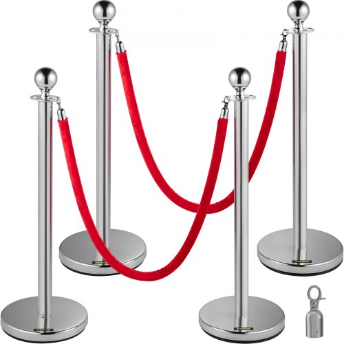 Retractable Silver Round Top Queue Control Barrier Posts Stands Security Stanchion Rope Divider with 1.5M Red Rope Crowd Control Barrier Silver Round top Column
