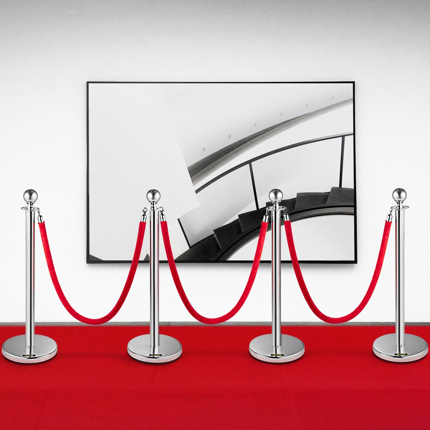 4 Pack Retractable Silver Round Top Stanchion Post Queue Crowd Control Barrier Posts Line Pole with 1.5M Red 2 Velvet Rope