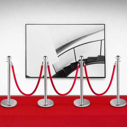 4 Pack Retractable Silver Round Top Stanchion Post Queue Crowd Control Barrier Posts Line Pole with 1.5M Red 2 Velvet Rope
