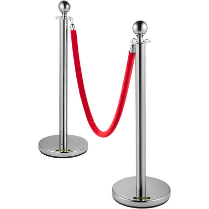 4 Pack Retractable Silver Round Top Stanchion Post Queue Crowd Control Barrier Posts Line Pole with 1.5M Red 2 Velvet Rope