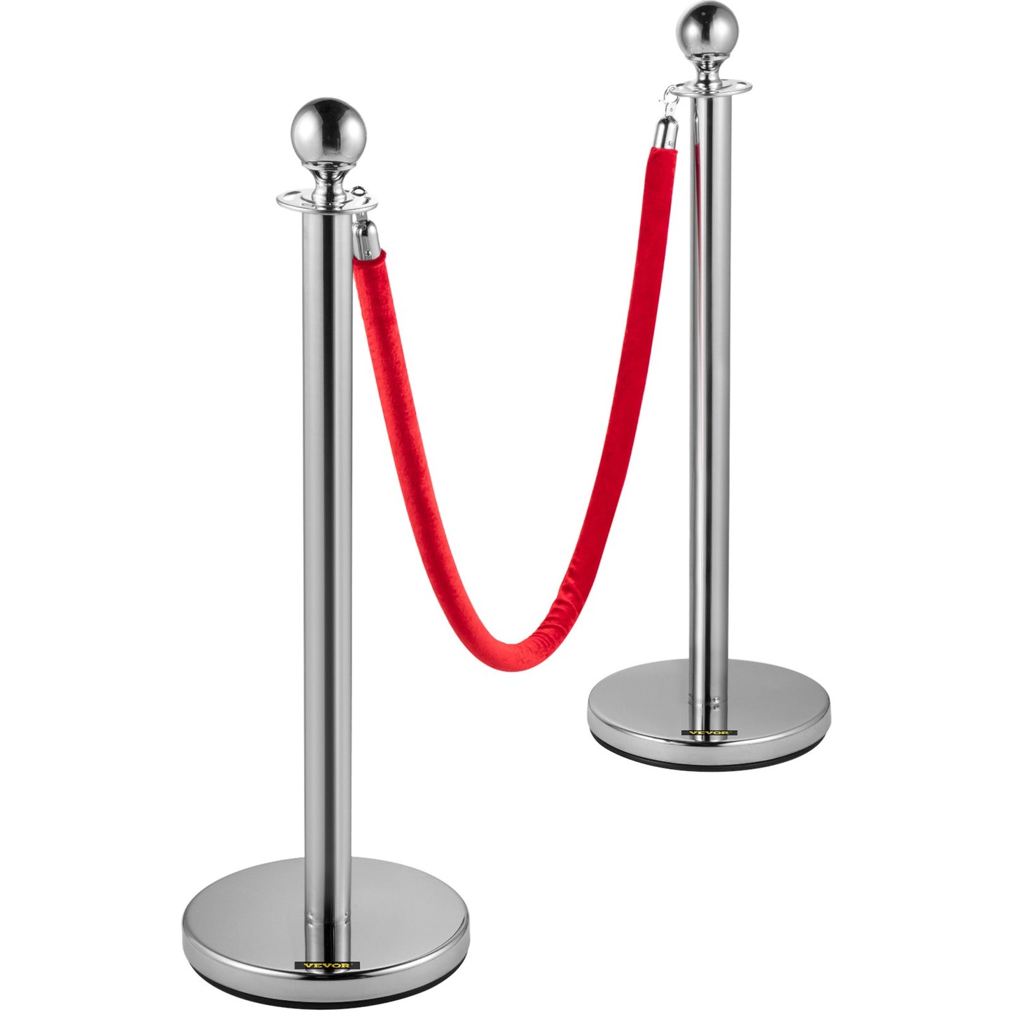 4 Pack Retractable Silver Round Top Stanchion Post Queue Crowd Control Barrier Posts Line Pole with 1.5M Red 2 Velvet Rope