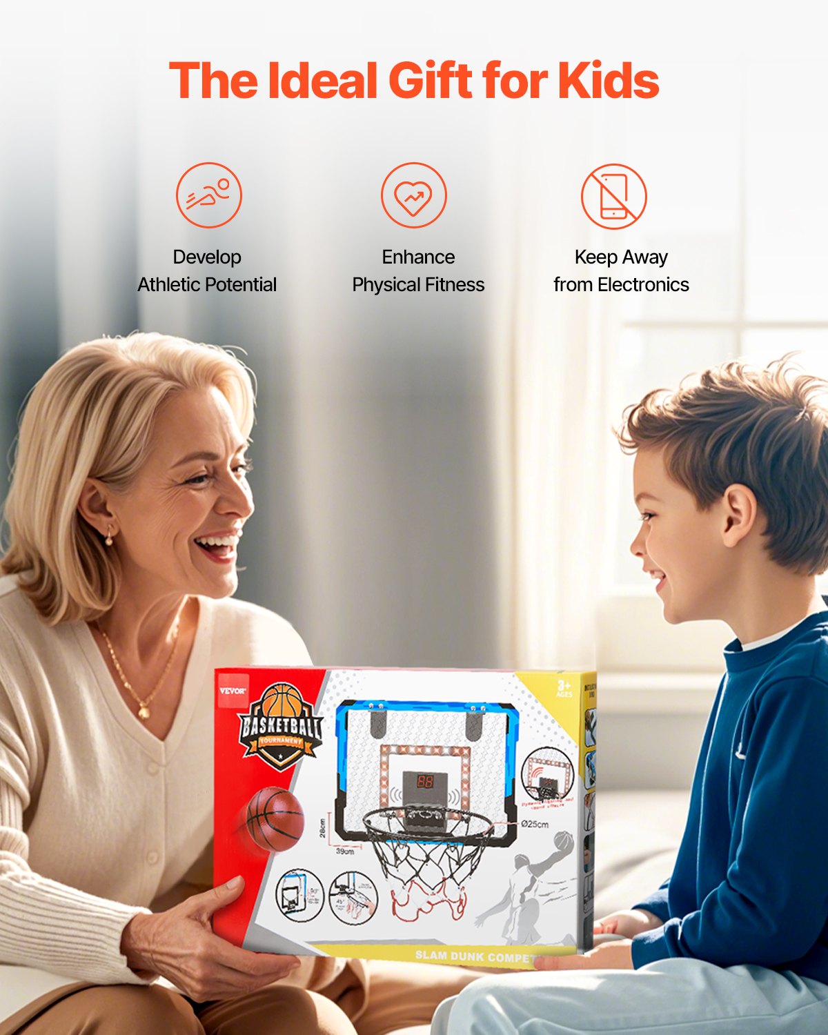 Barnbasketkorg, minibasketmål med elektronisk resultattavla, basketkorg över dörren med poäng- och musikfunktioner, LED-ljus, inomhusbasketkorg för barn 3+