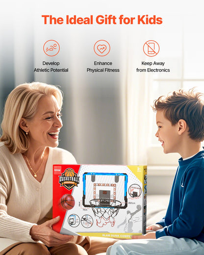 Barnbasketkorg, minibasketmål med elektronisk resultattavla, basketkorg över dörren med poäng- och musikfunktioner, LED-ljus, inomhusbasketkorg för barn 3+