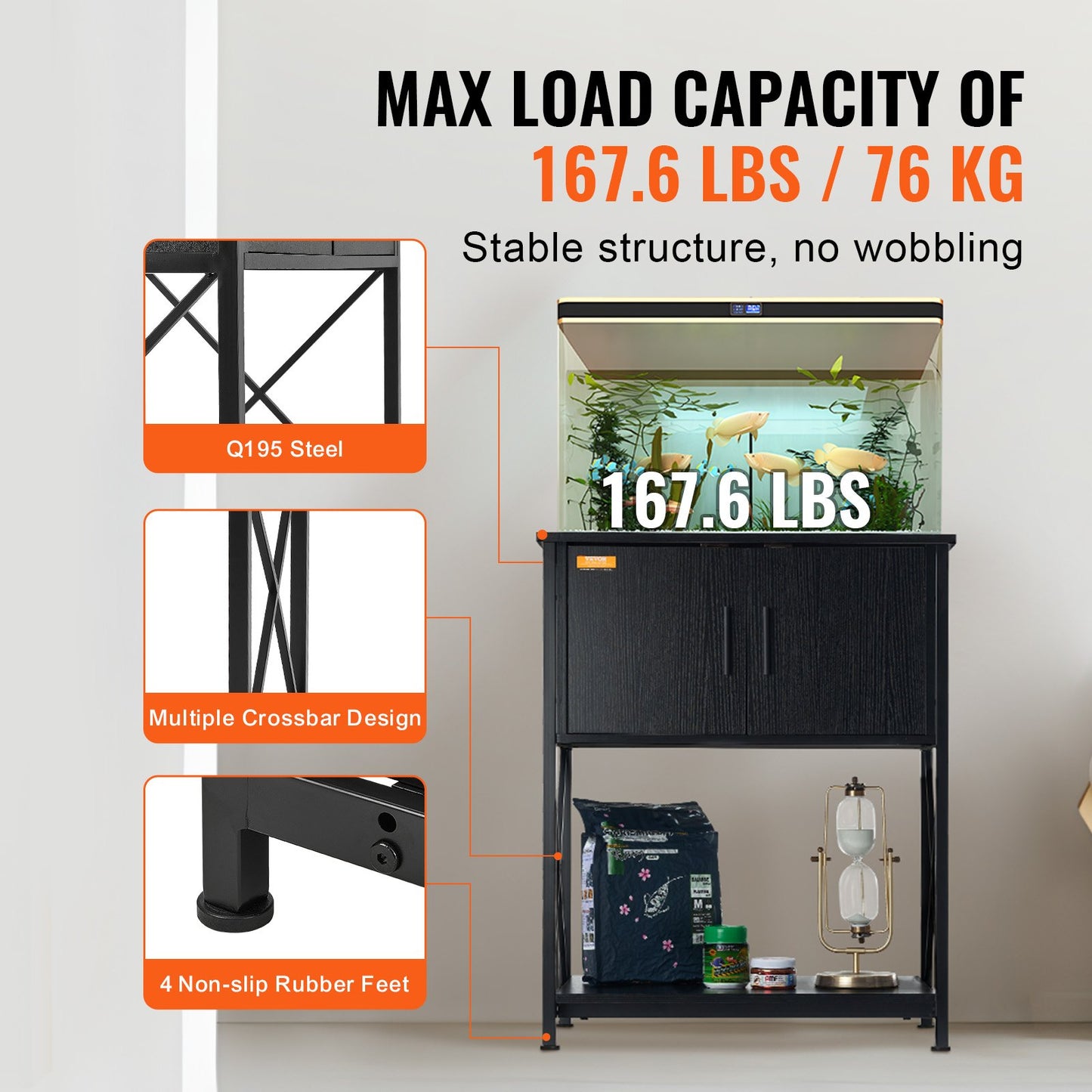 Akvariestativ, 20 gallons akvariestativ, 25,6 x 16,5 x 31,9 tum stål- och MDF-sköldpaddsstativ, 167,6 lbs lastkapacitet, reptilakvariestativ med förvaringsskåp och inbyggd strömpanel, svart