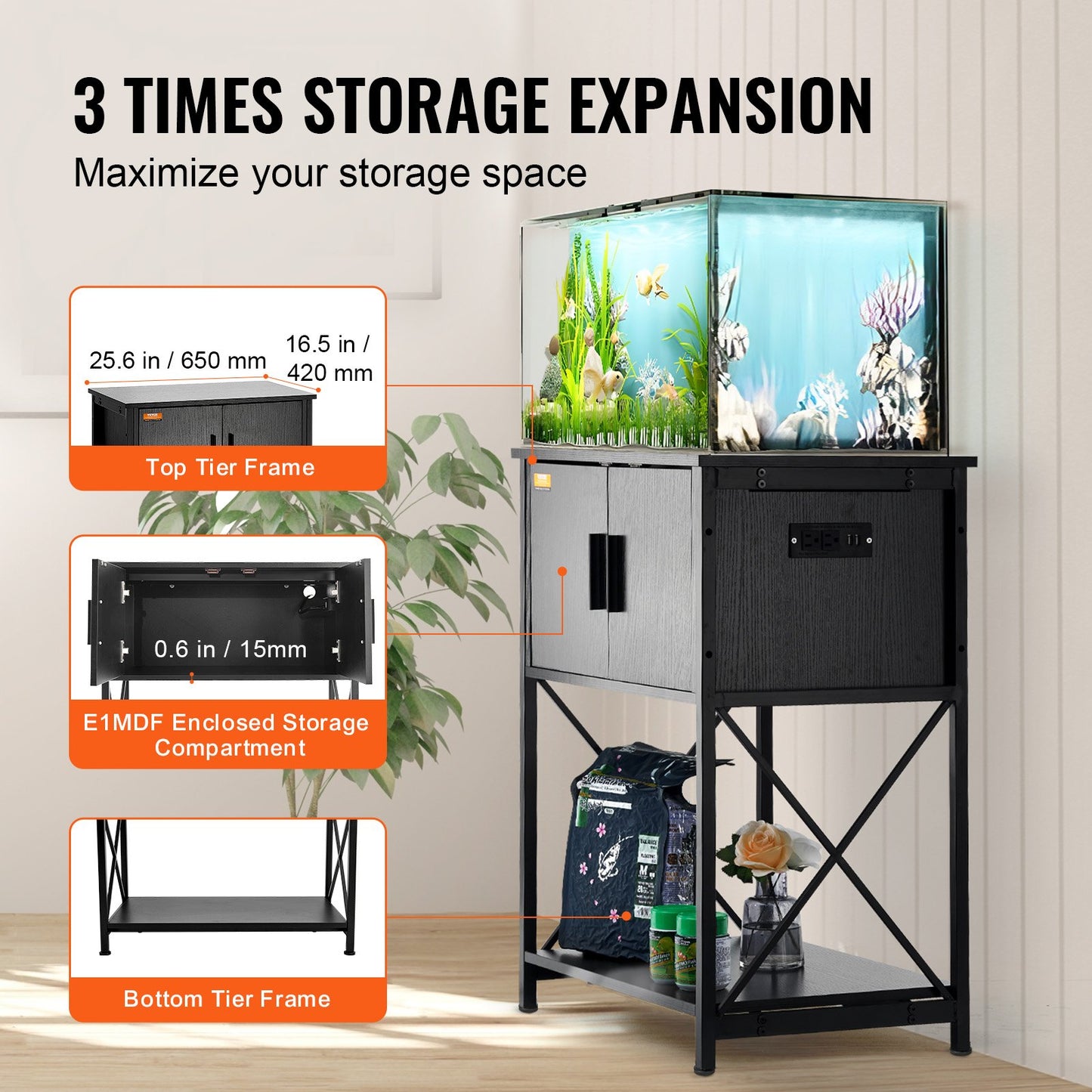Akvariestativ, 20 gallons akvariestativ, 25,6 x 16,5 x 31,9 tum stål- och MDF-sköldpaddsstativ, 167,6 lbs lastkapacitet, reptilakvariestativ med förvaringsskåp och inbyggd strömpanel, svart