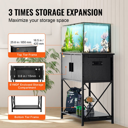 Akvariestativ, 20 gallons akvariestativ, 25,6 x 16,5 x 31,9 tum stål- och MDF-sköldpaddsstativ, 167,6 lbs lastkapacitet, reptilakvariestativ med förvaringsskåp och inbyggd strömpanel, svart