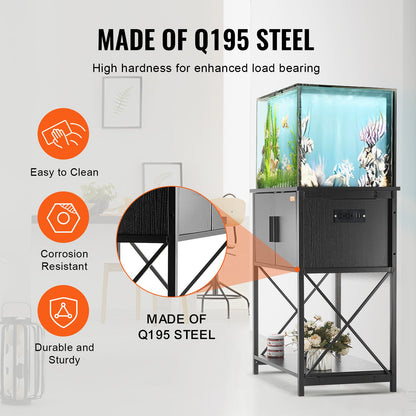 Akvariestativ, 20 gallons akvariestativ, 25,6 x 16,5 x 31,9 tum stål- och MDF-sköldpaddsstativ, 167,6 lbs lastkapacitet, reptilakvariestativ med förvaringsskåp och inbyggd strömpanel, svart